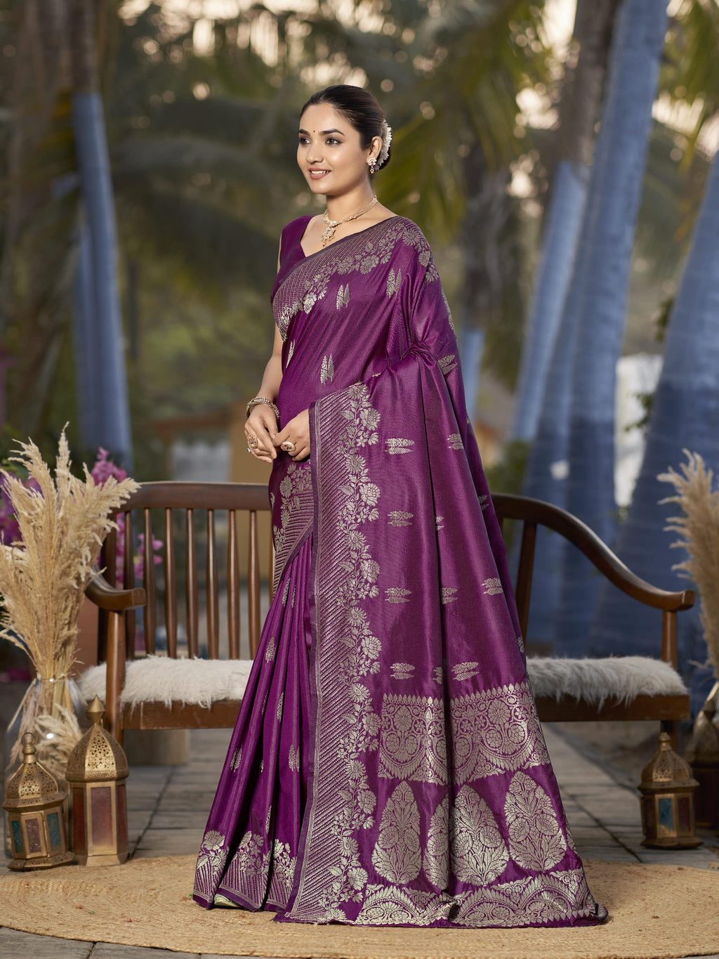 MANOHARI Banarasi Silk Blend Jacquard Work Saree - Purple | Grocsy