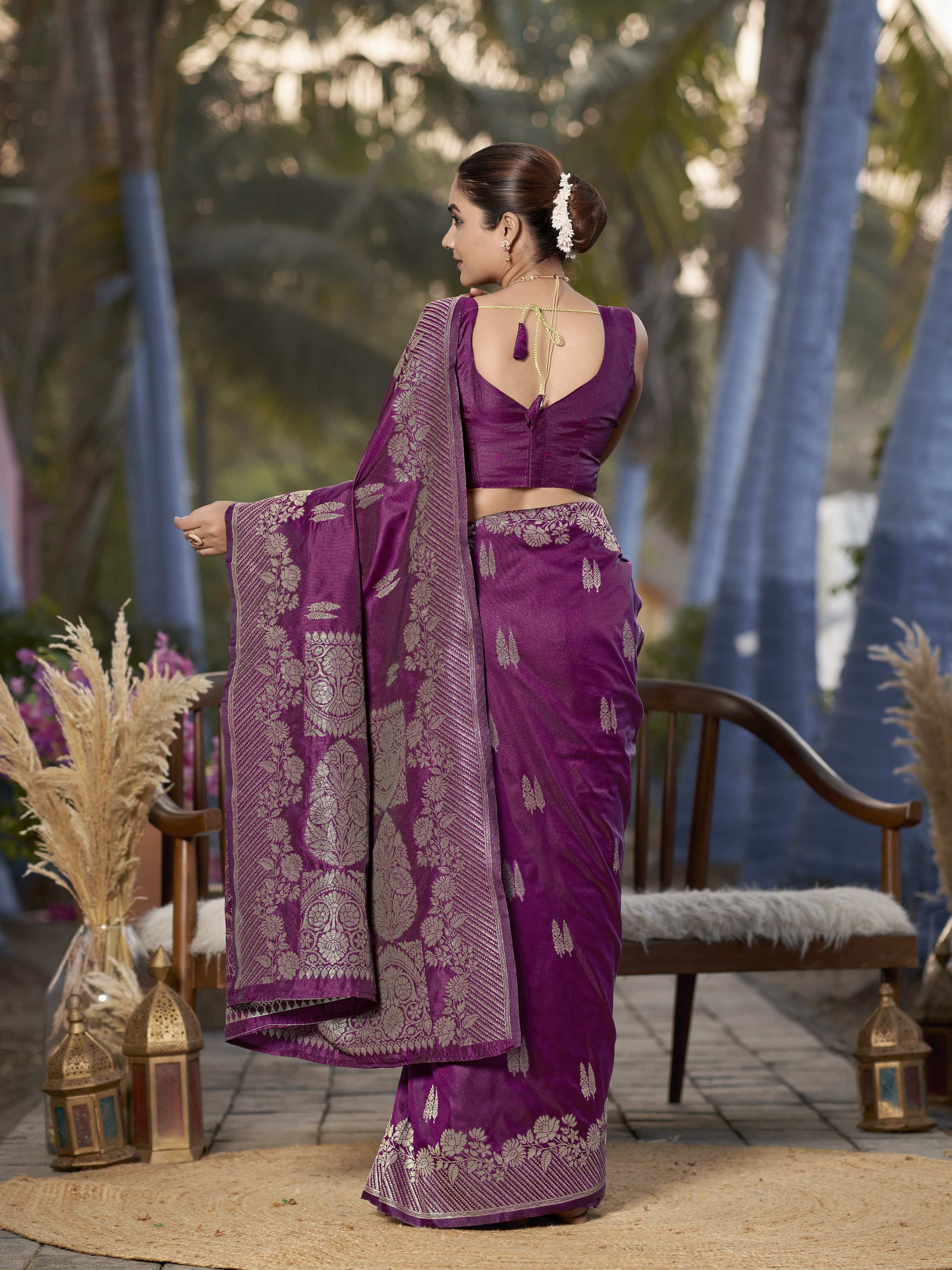 MANOHARI Banarasi Silk Blend Jacquard Work Saree - Purple | Grocsy