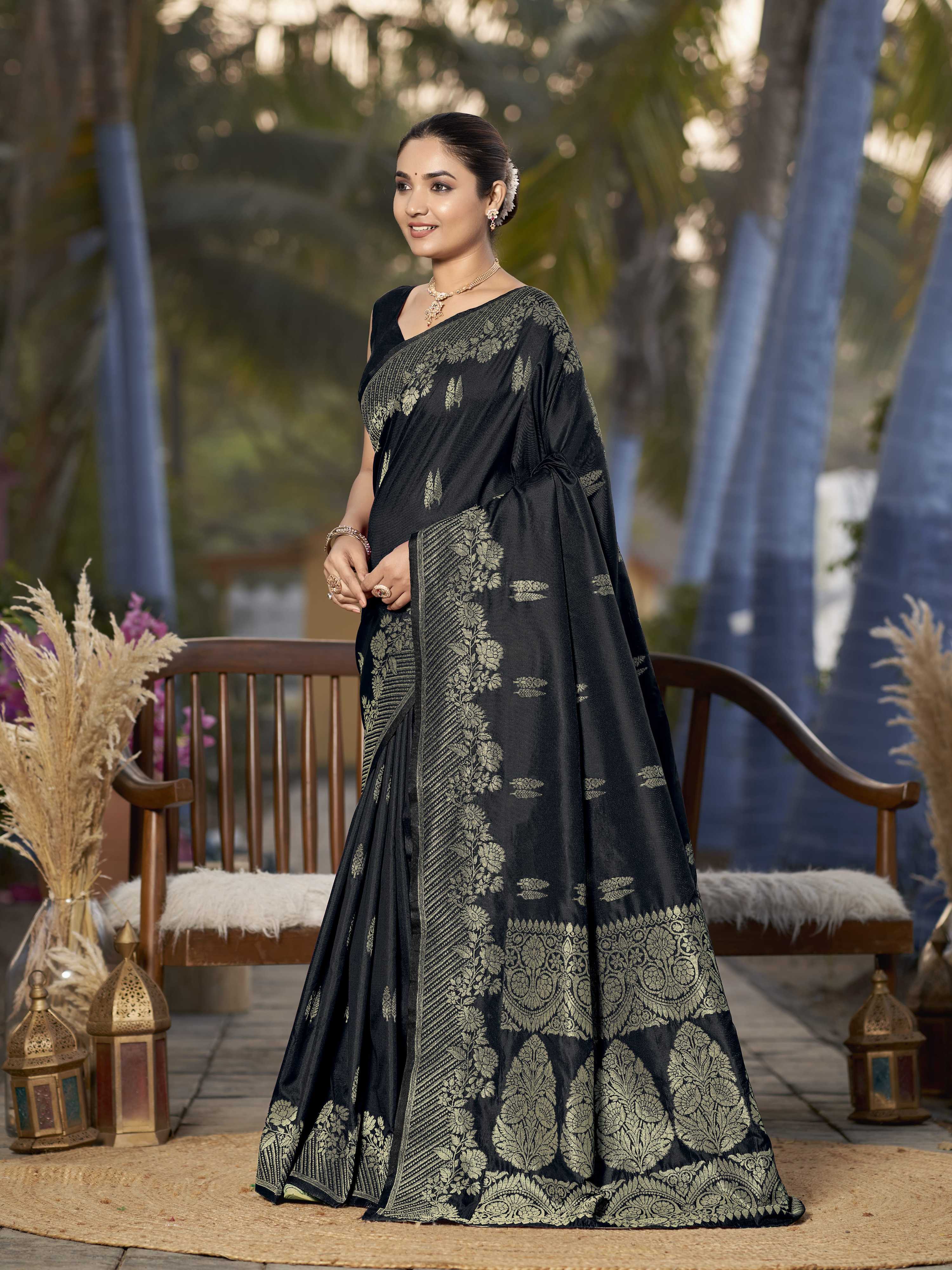 MANOHARI Banarasi Silk Blend Jacquard Work Saree - Black | Grocsy