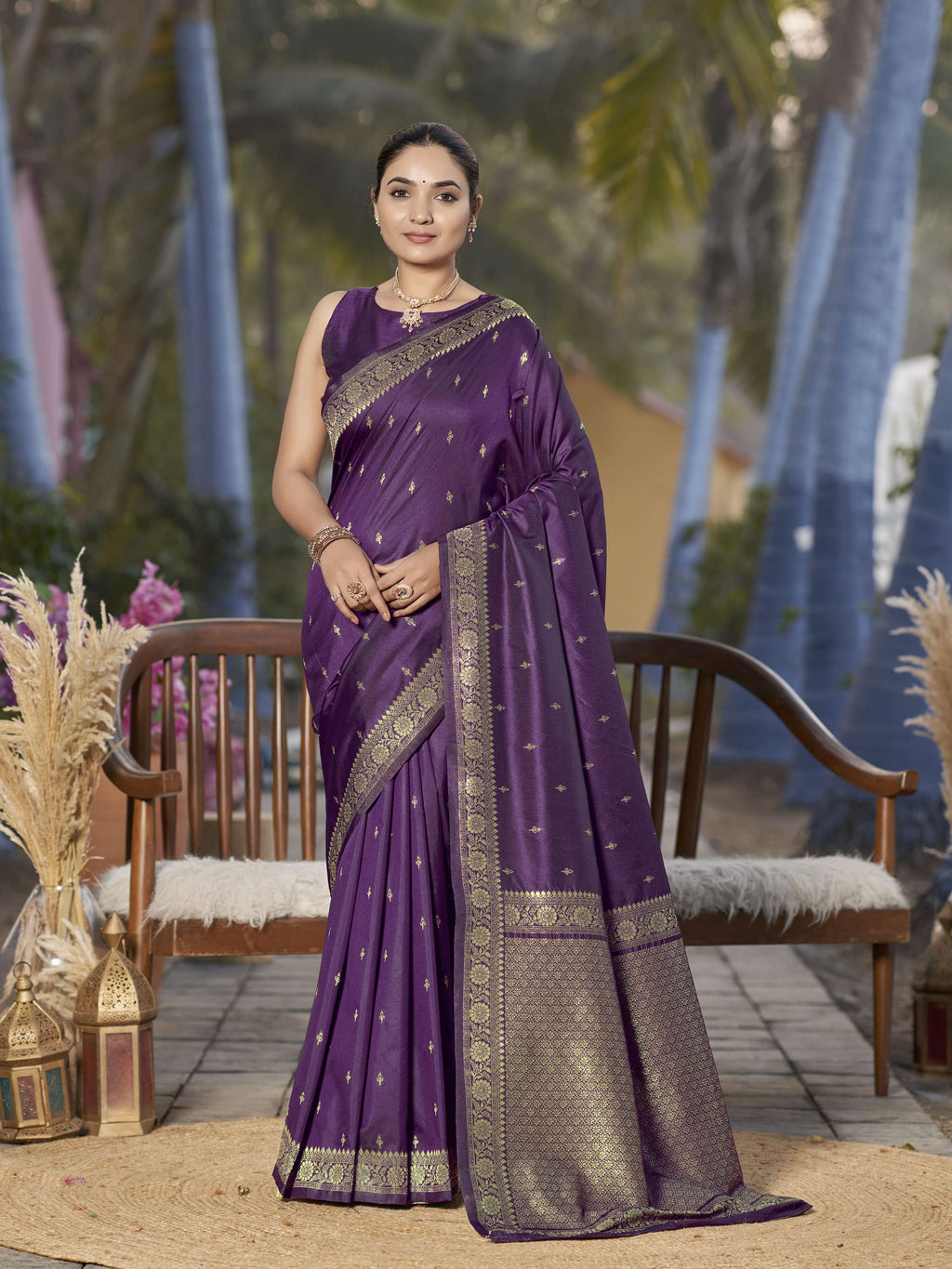 MANOHARI Banarasi Silk Blend Jacquard Work Saree - Purple | Grocsy