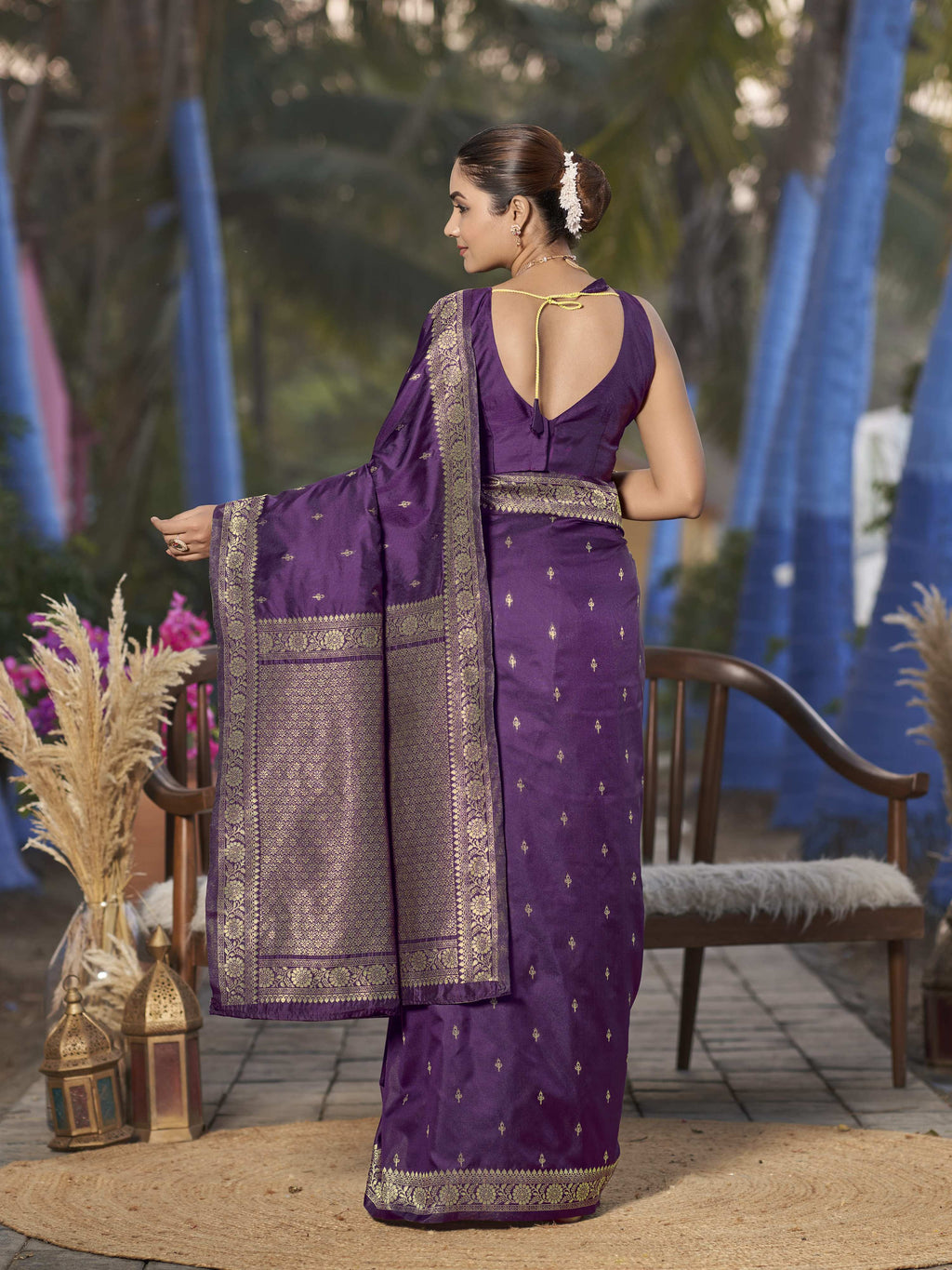 MANOHARI Banarasi Silk Blend Jacquard Work Saree - Purple | Grocsy
