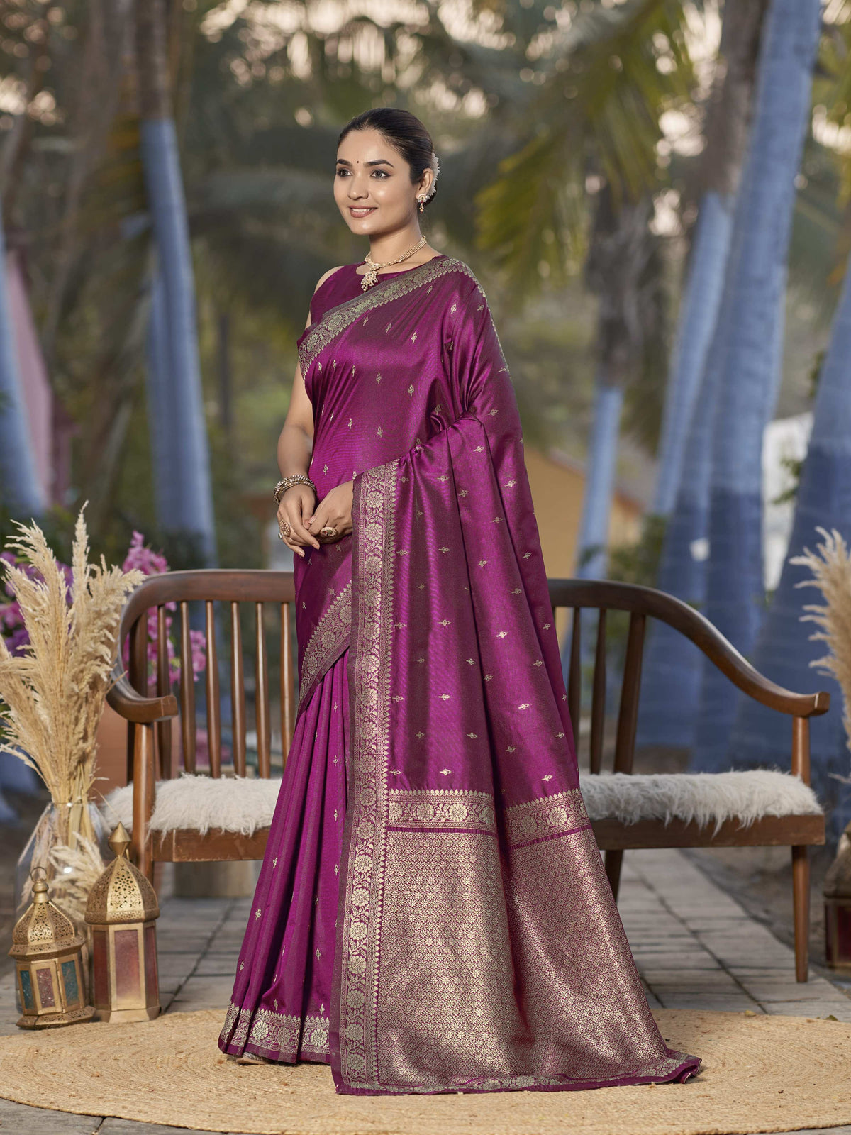 MANOHARI Banarasi Silk Blend Jacquard Work Saree - Purple | Grocsy