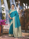 MANOHARI Banarasi Silk Blend Jacquard Work Saree - Turquoise | Grocsy