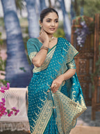 MANOHARI Banarasi Silk Blend Jacquard Work Saree - Turquoise | Grocsy