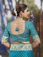 MANOHARI Banarasi Silk Blend Jacquard Work Saree - Turquoise | Grocsy