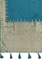 MANOHARI Banarasi Silk Blend Jacquard Work Saree - Turquoise | Grocsy