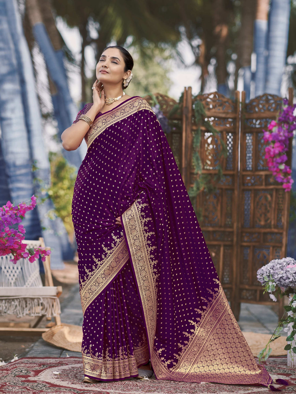 MANOHARI Banarasi Silk Blend Jacquard Work Saree - Purple | Grocsy