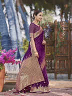 MANOHARI Banarasi Silk Blend Jacquard Work Saree - Purple | Grocsy