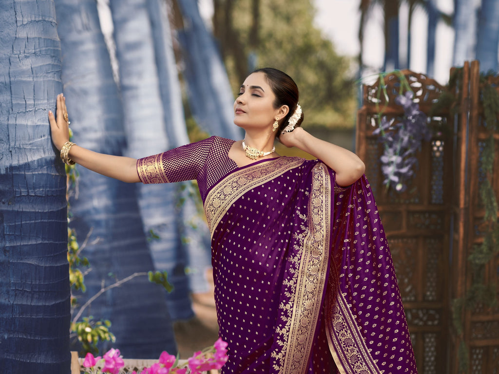 MANOHARI Banarasi Silk Blend Jacquard Work Saree - Purple | Grocsy