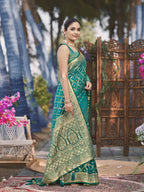 MANOHARI Banarasi Silk Blend Jacquard Work Saree - Green | Grocsy
