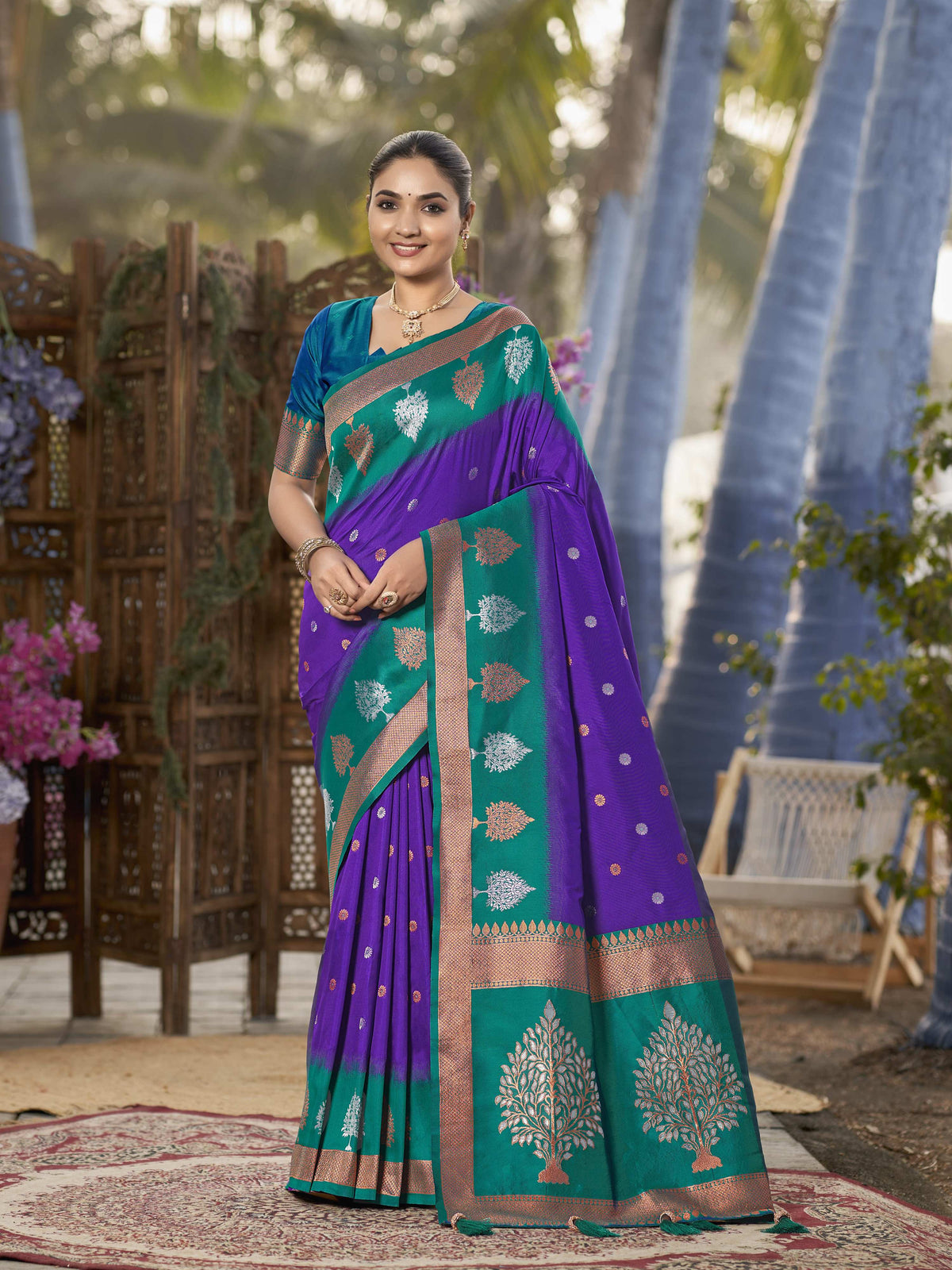 MANOHARI Banarasi Silk Blend Jacquard Work Saree - Purple | Grocsy