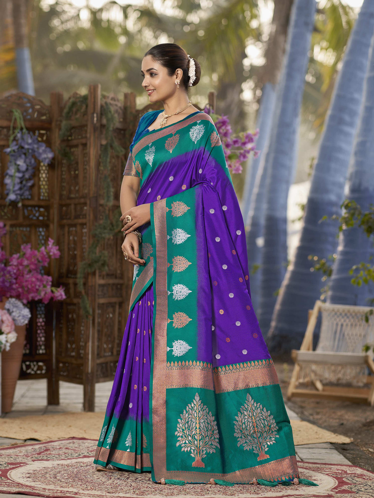 MANOHARI Banarasi Silk Blend Jacquard Work Saree - Purple | Grocsy