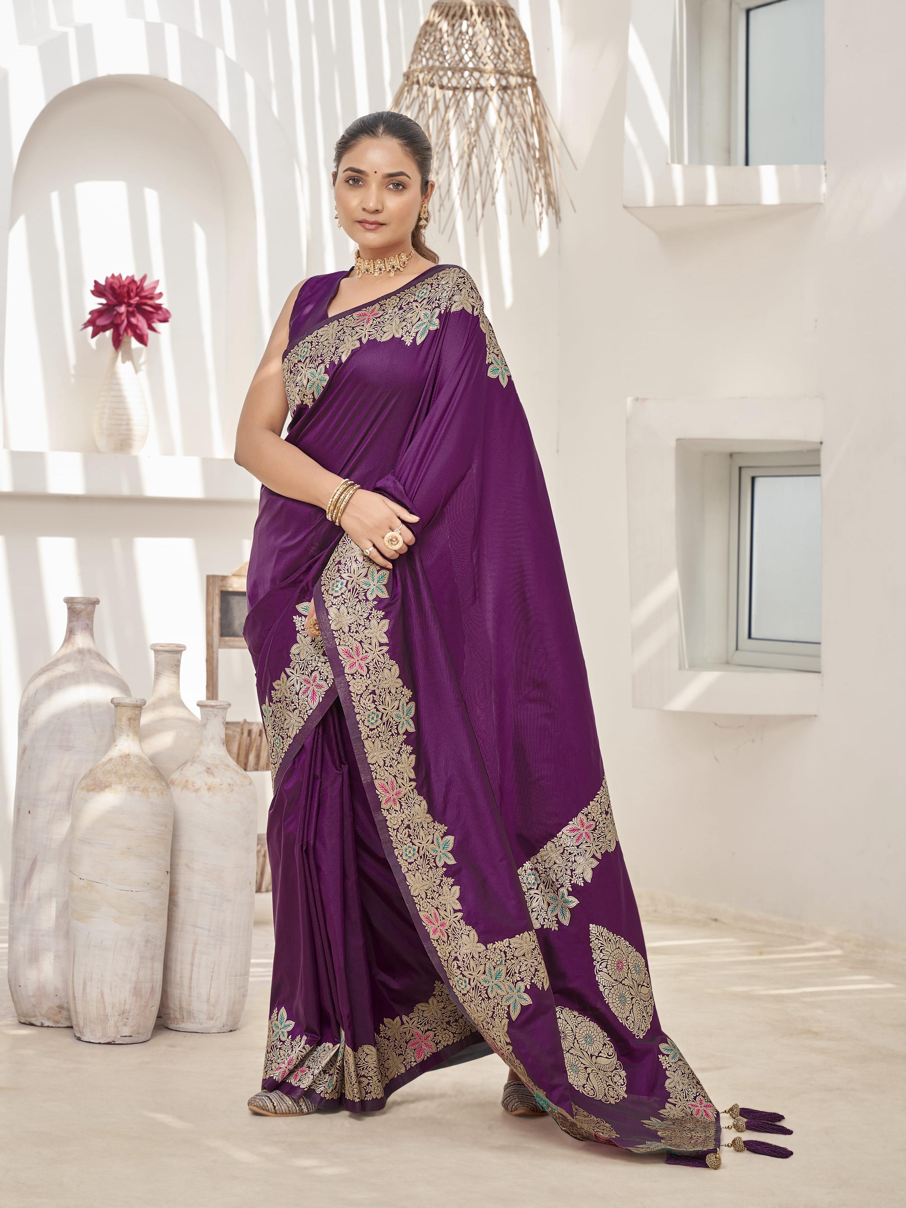 MANOHARI Banarasi Silk Blend Jacquard Work Saree - Purple | Grocsy