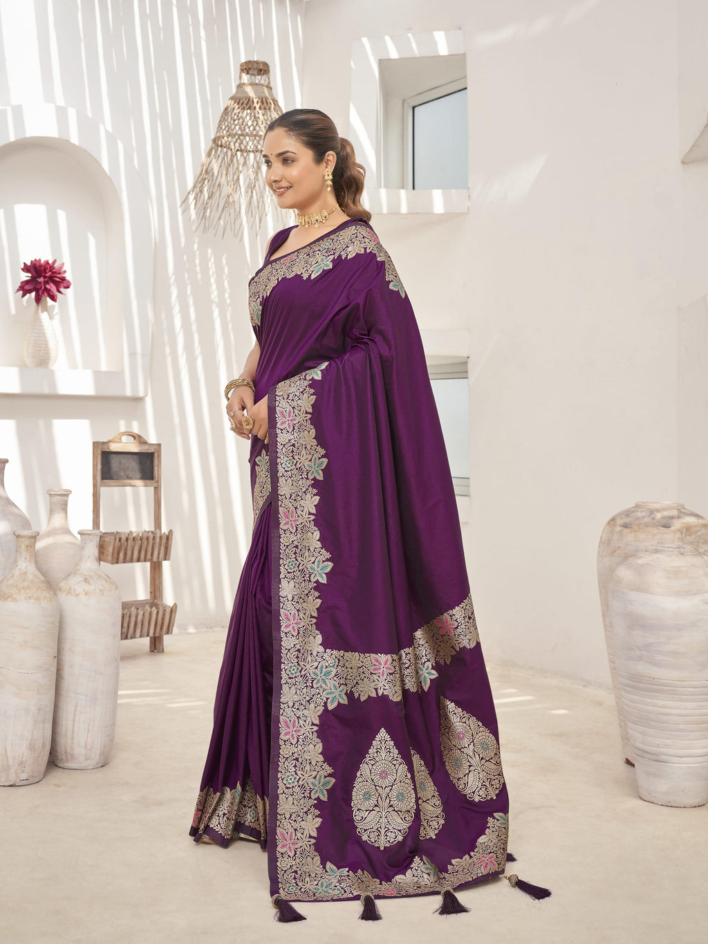 MANOHARI Banarasi Silk Blend Jacquard Work Saree - Purple | Grocsy