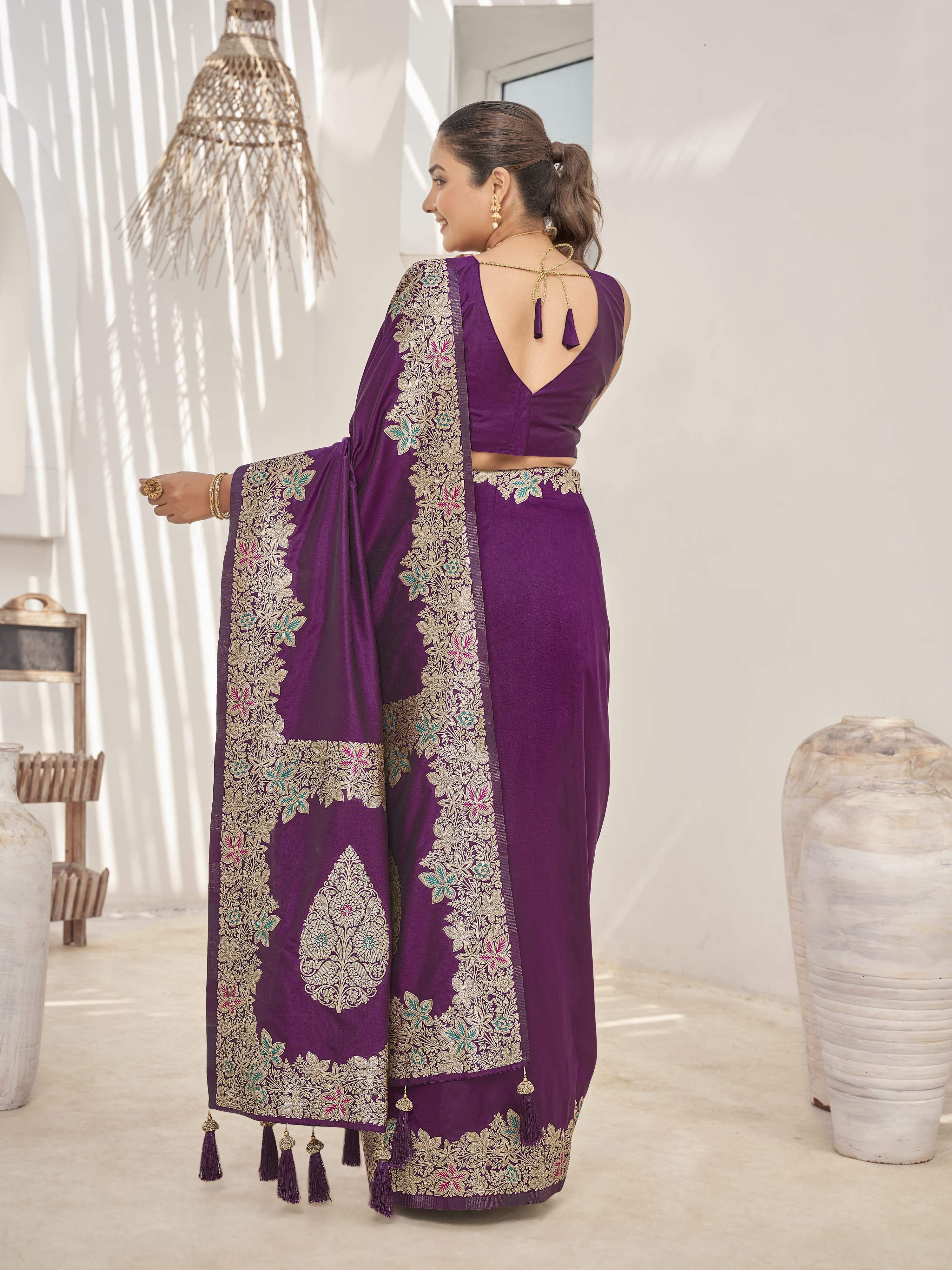 MANOHARI Banarasi Silk Blend Jacquard Work Saree - Purple | Grocsy