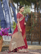 MANOHARI Banarasi Silk Blend Jacquard Work Saree - Red | Grocsy