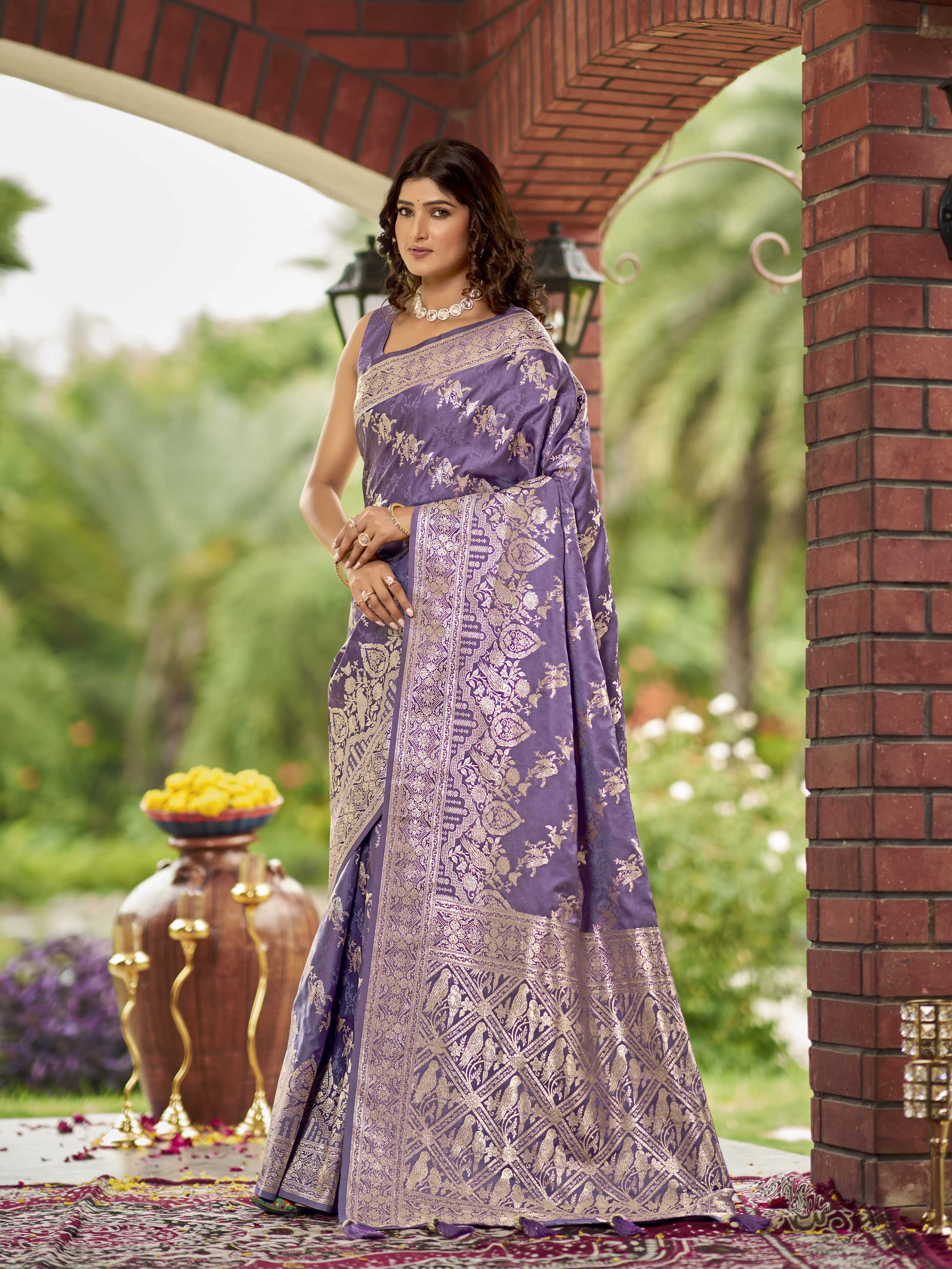 MANOHARI Banarasi Silk Blend Jacquard Work Saree - Purple | Grocsy