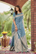 MANOHARI Banarasi Silk Blend Jacquard Work Saree - Blue | Grocsy