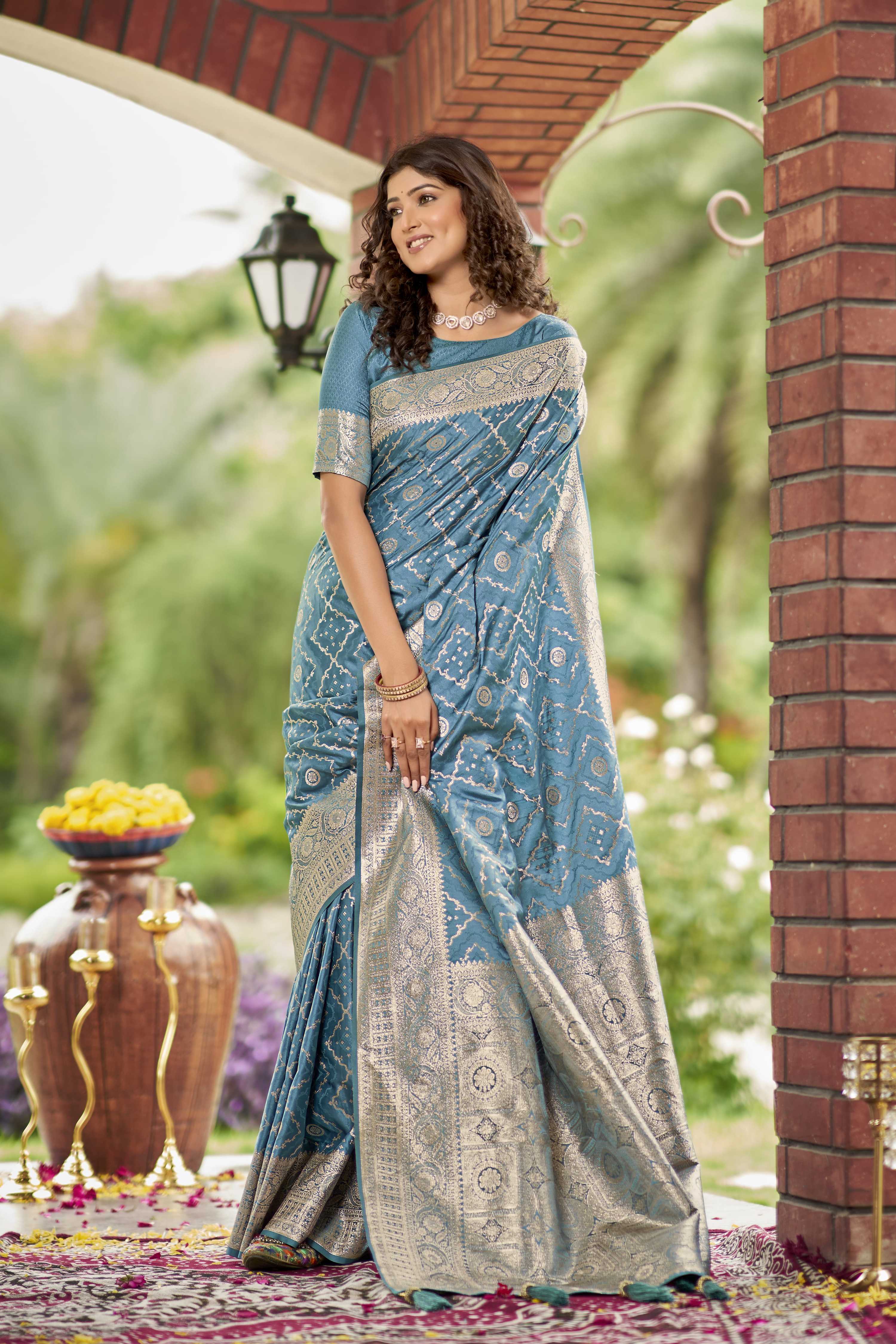 MANOHARI Banarasi Silk Blend Jacquard Work Saree - Blue | Grocsy