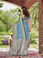MANOHARI Banarasi Silk Blend Jacquard Work Saree - Blue | Grocsy