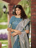 MANOHARI Banarasi Silk Blend Jacquard Work Saree - Blue | Grocsy