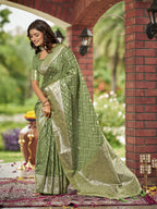 MANOHARI Banarasi Silk Blend Jacquard Work Saree - Green | Grocsy