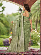 MANOHARI Banarasi Silk Blend Jacquard Work Saree - Green | Grocsy