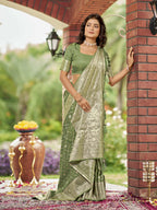 MANOHARI Banarasi Silk Blend Jacquard Work Saree - Green | Grocsy