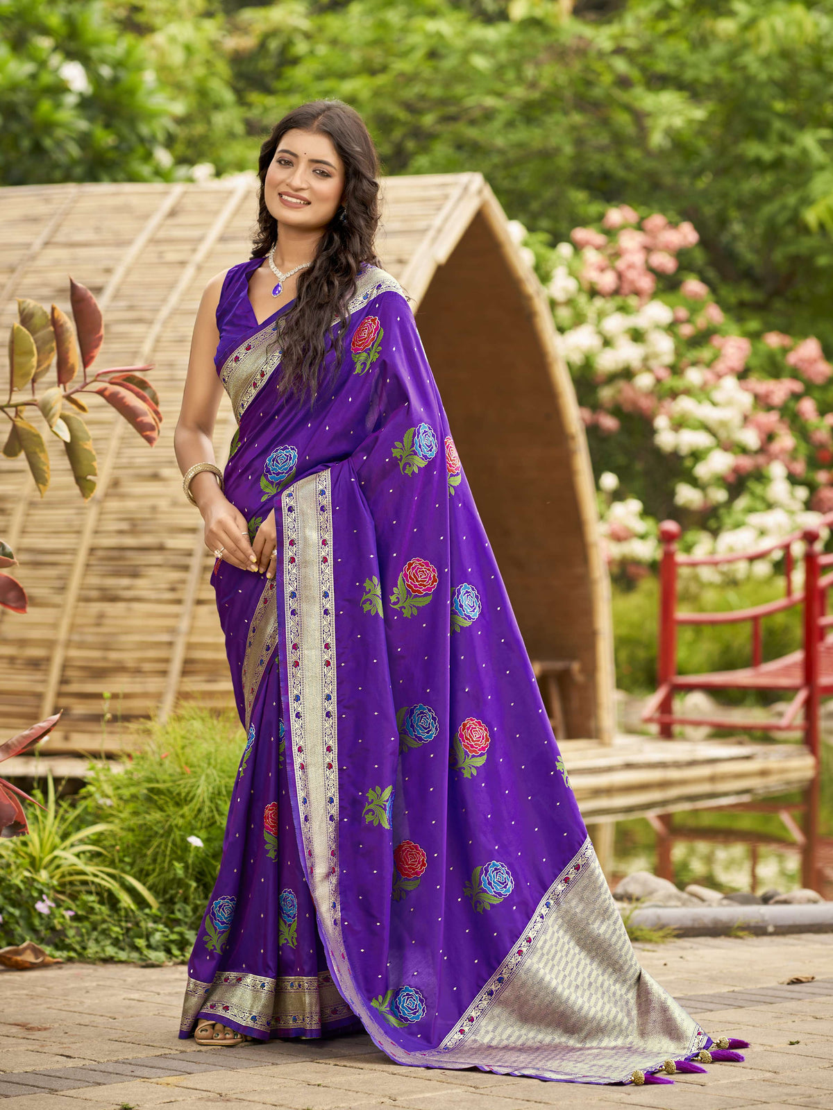 MANOHARI Banarasi Silk Blend Jacquard Work Saree - Purple | Grocsy