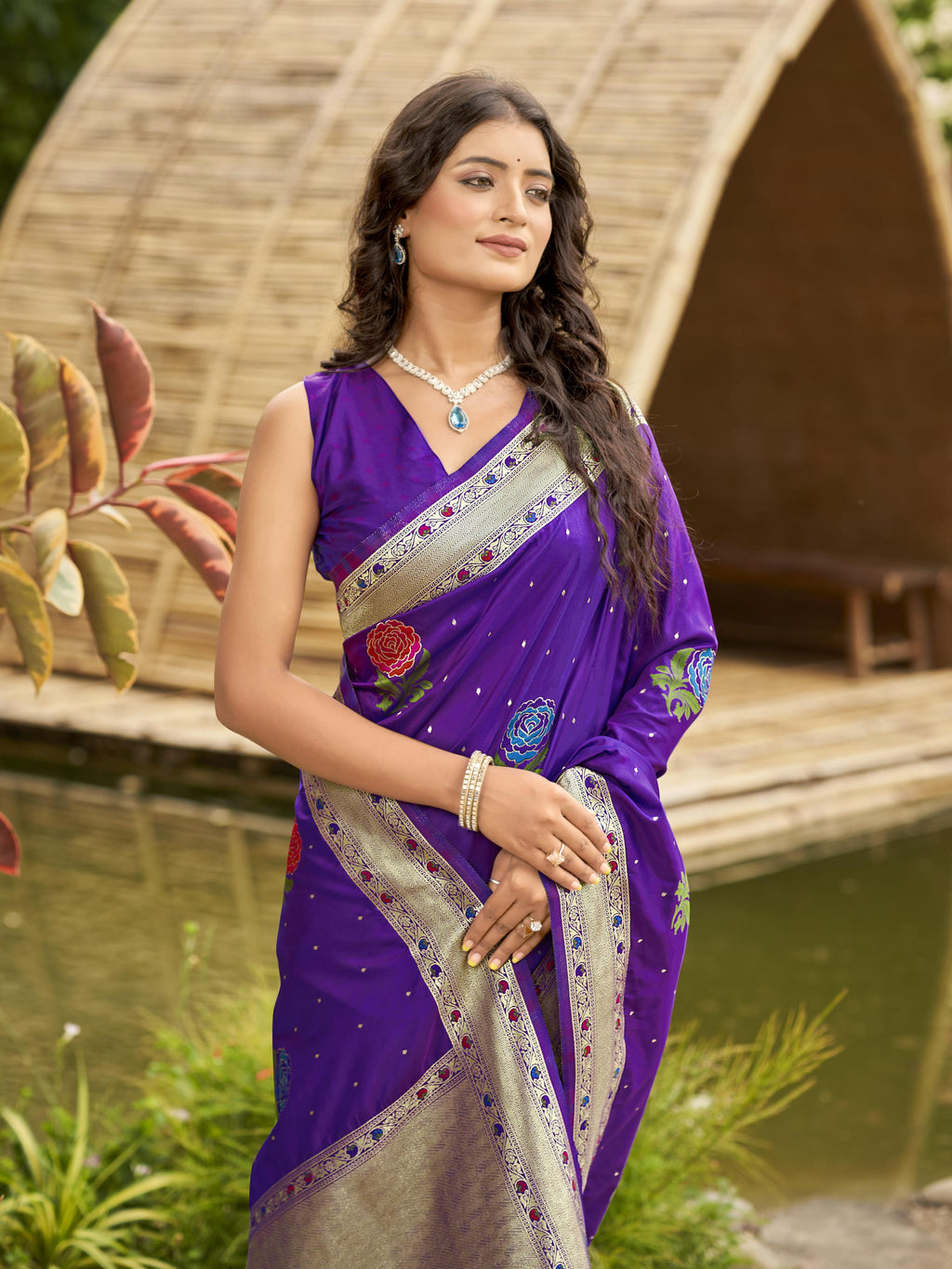 MANOHARI Banarasi Silk Blend Jacquard Work Saree - Purple | Grocsy