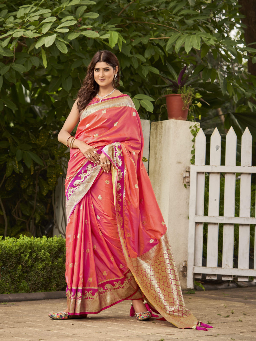 MANOHARI Banarasi Silk Blend Jacquard Work Saree - Orange | Grocsy