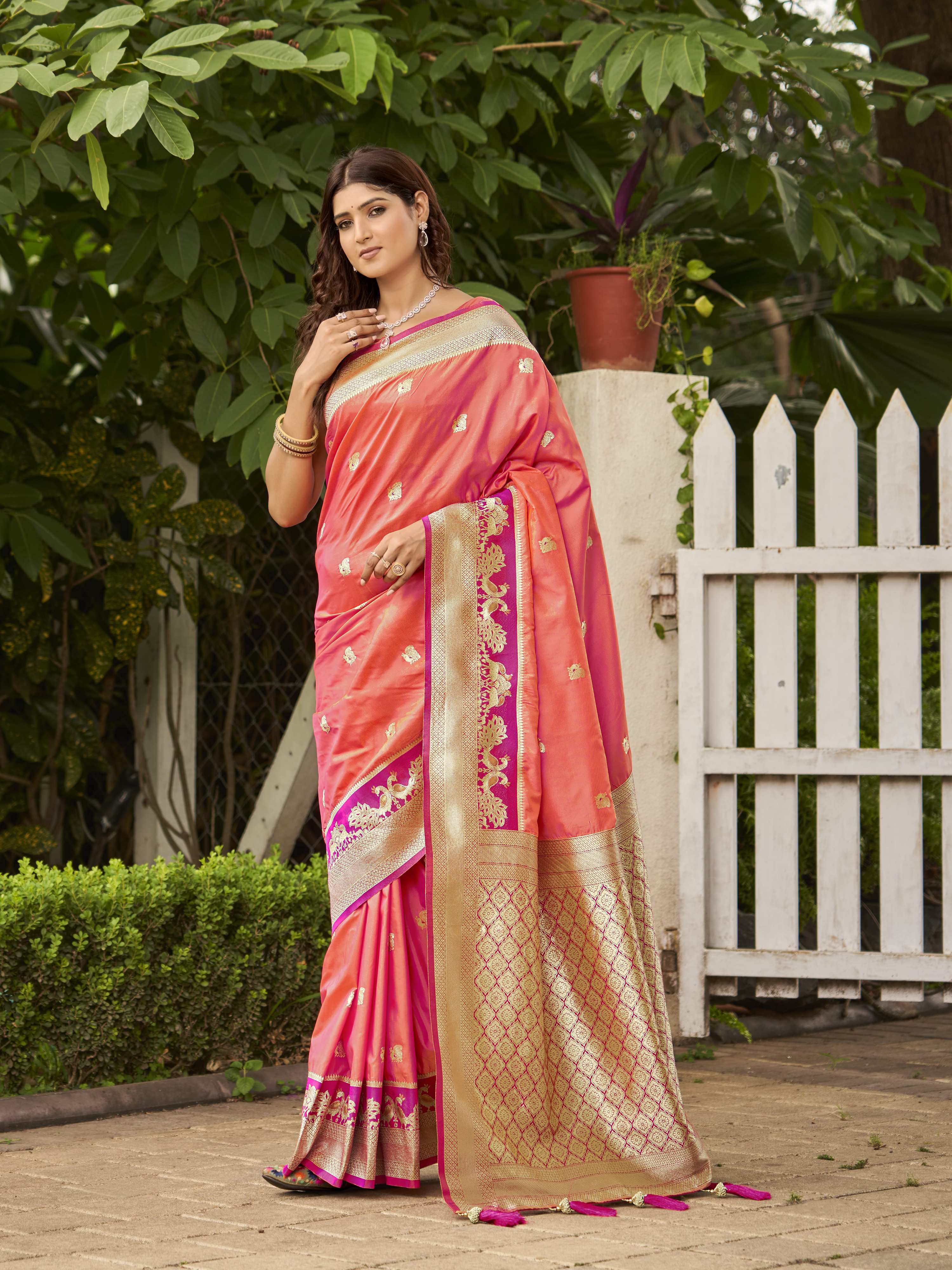 MANOHARI Banarasi Silk Blend Jacquard Work Saree - Orange | Grocsy