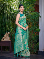 MANOHARI Banarasi Silk Blend Jacquard Work Saree - Green | Grocsy