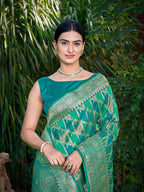 MANOHARI Banarasi Silk Blend Jacquard Work Saree - Green | Grocsy