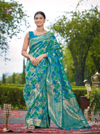MANOHARI Banarasi Silk Blend Jacquard Work Saree - Turquoise | Grocsy