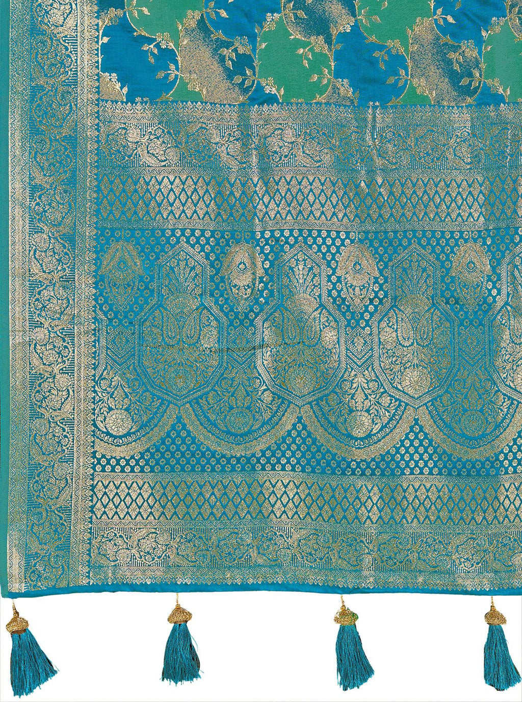 MANOHARI Banarasi Silk Blend Jacquard Work Saree - Turquoise | Grocsy