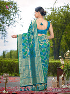 MANOHARI Banarasi Silk Blend Jacquard Work Saree - Turquoise | Grocsy