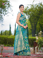 MANOHARI Banarasi Silk Blend Jacquard Work Saree - Turquoise | Grocsy