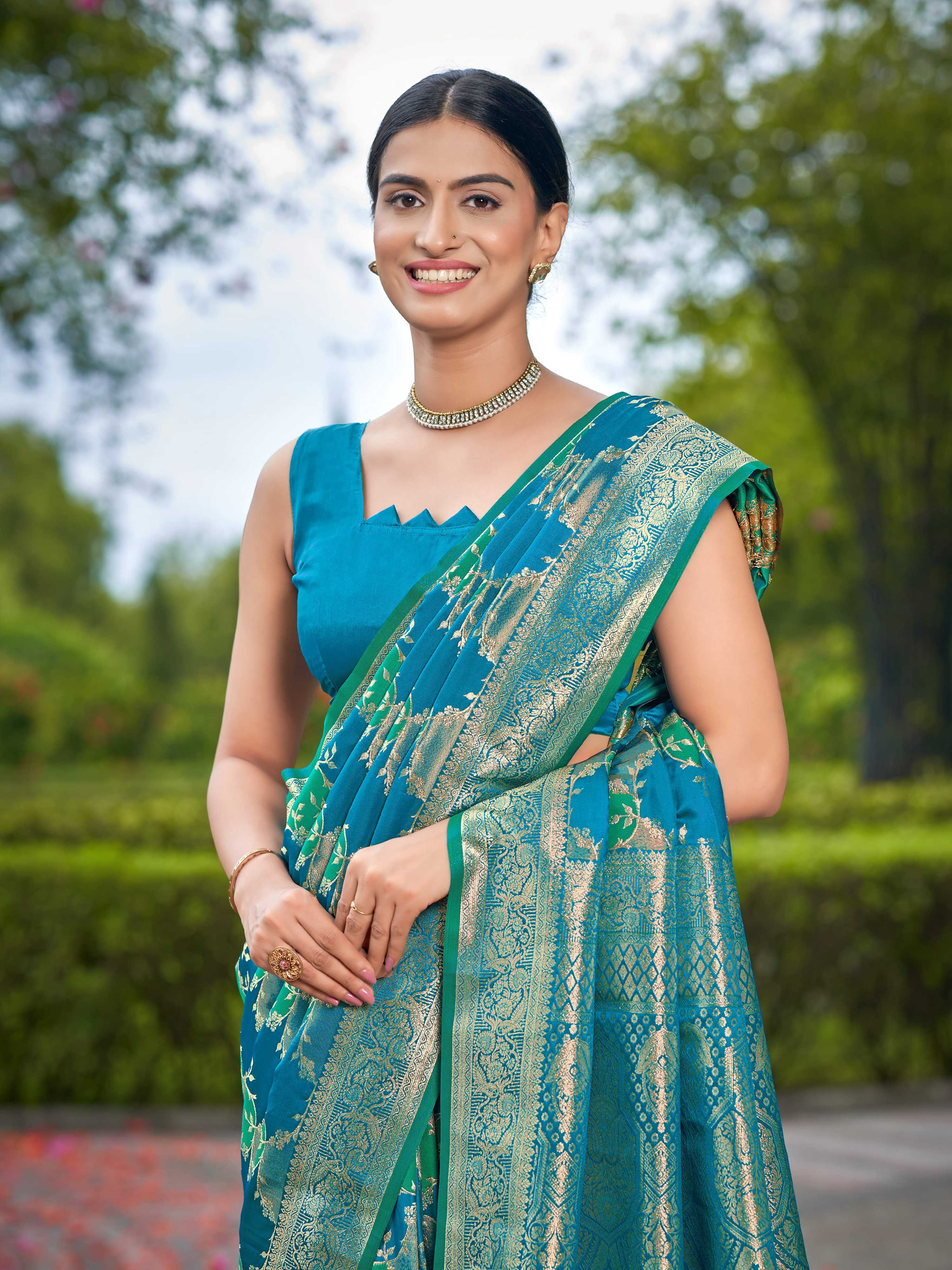 MANOHARI Banarasi Silk Blend Jacquard Work Saree - Turquoise | Grocsy