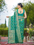 MANOHARI Banarasi Silk Blend Jacquard Work Saree - Green | Grocsy