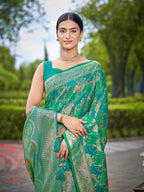 MANOHARI Banarasi Silk Blend Jacquard Work Saree - Green | Grocsy