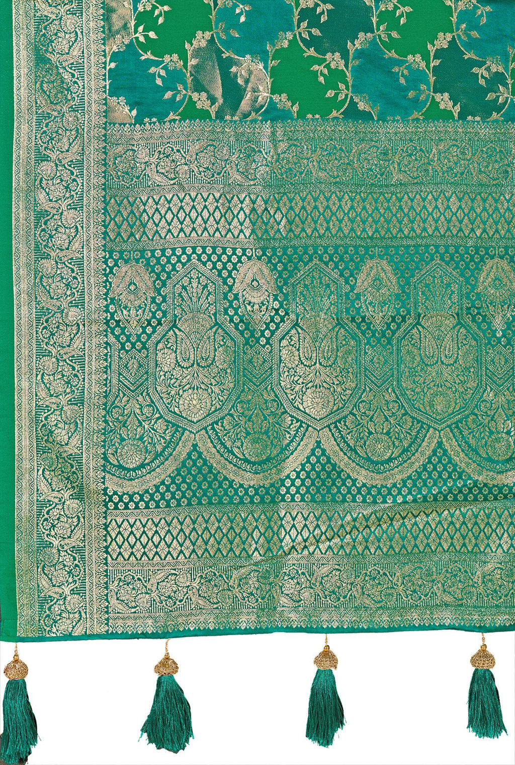 MANOHARI Banarasi Silk Blend Jacquard Work Saree - Green | Grocsy