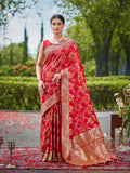 MANOHARI Banarasi Silk Blend Jacquard Work Saree - Red | Grocsy