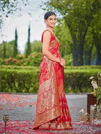 MANOHARI Banarasi Silk Blend Jacquard Work Saree - Red | Grocsy
