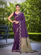 MANOHARI Banarasi Silk Blend Jacquard Work Saree - Purple | Grocsy