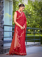 MANOHARI Banarasi Silk Blend Jacquard Work Saree - Red | Grocsy