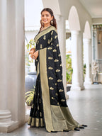 MANOHARI Banarasi Silk Blend Jacquard Work Saree - Black | Grocsy