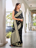 MANOHARI Banarasi Silk Blend Jacquard Work Saree - Black | Grocsy