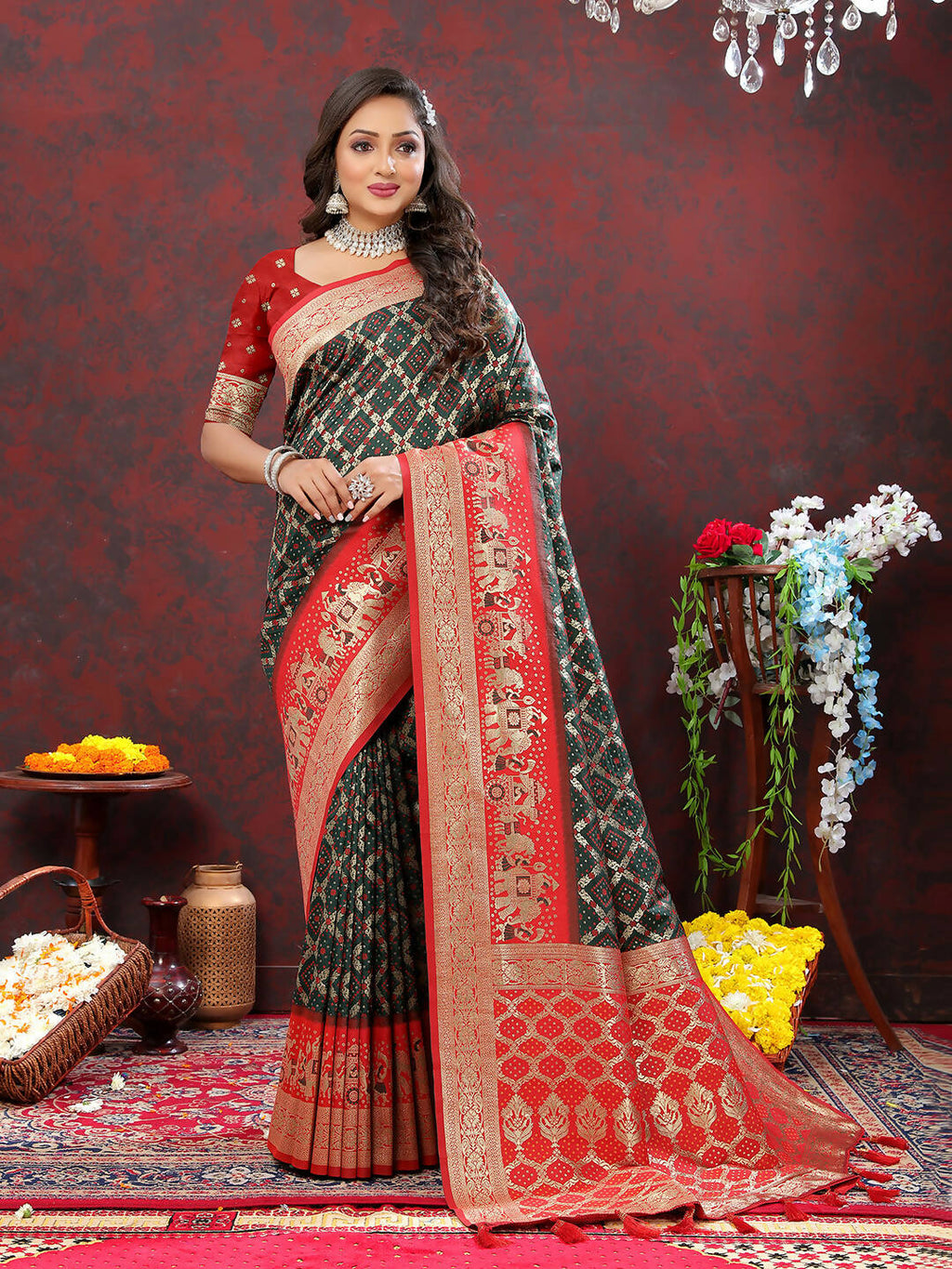 Lorenvalley Fashion Green & Red Patola Silk Woven Design Meenakari Weaving Saree | Grocsy