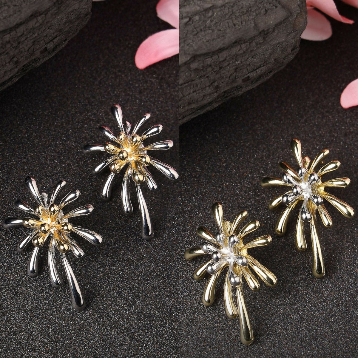 NVR Women's Set of 2 Silver & Gold Brass-Plated Floral Shape Drop Earrings | Grocsy